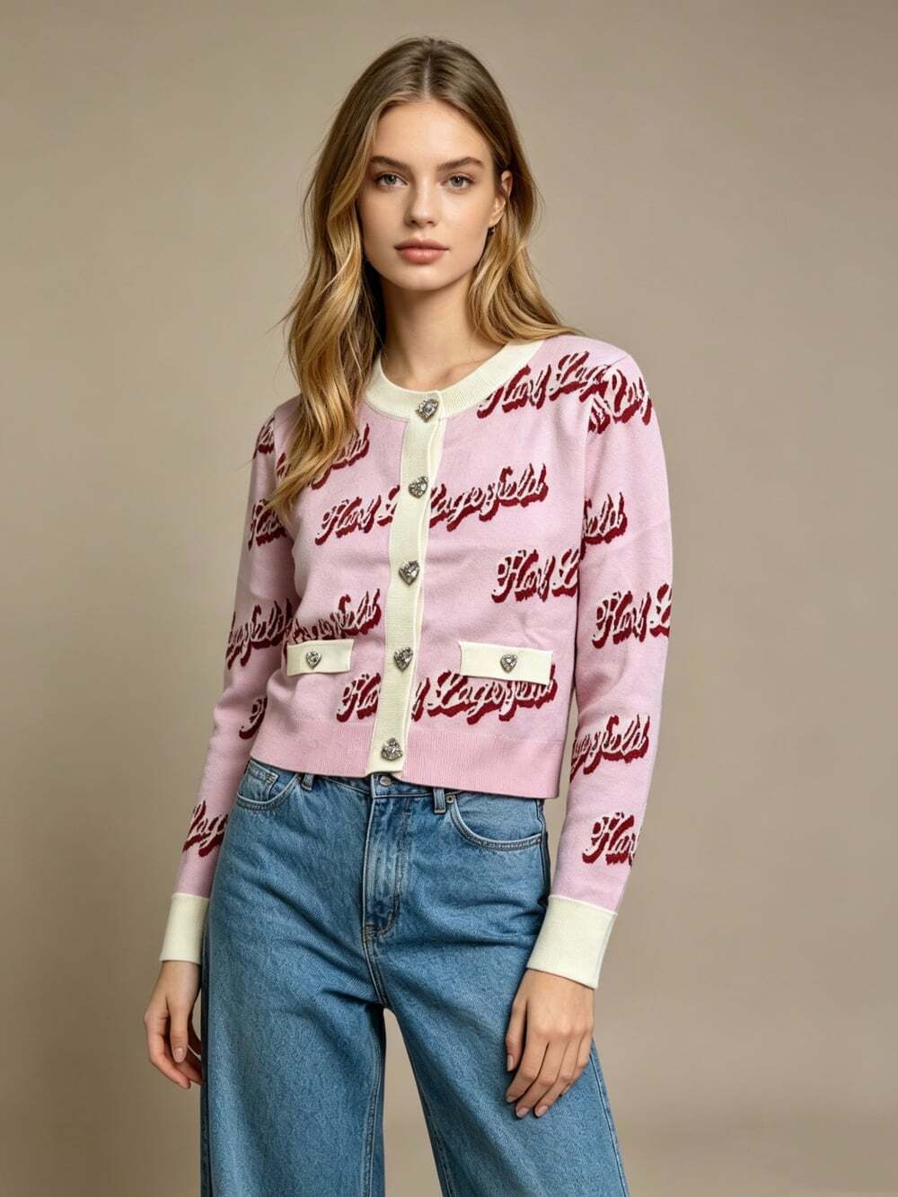 $399 NWT Karl Lagerfeld Pink Logo Cropped Cardigan Crystal Buttons Wool Blend